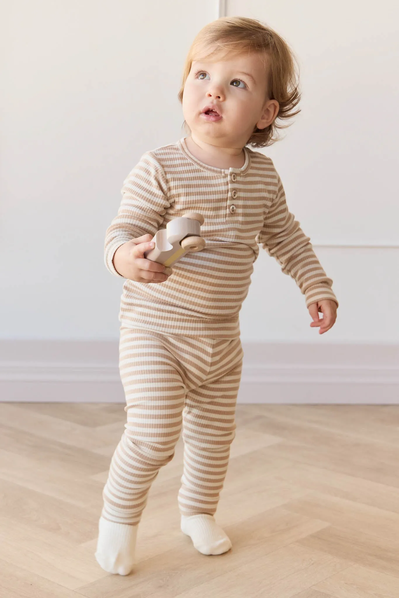 Organic Cotton Modal Long Sleeve Henley  - Narrow Stripe Baker/Cloud