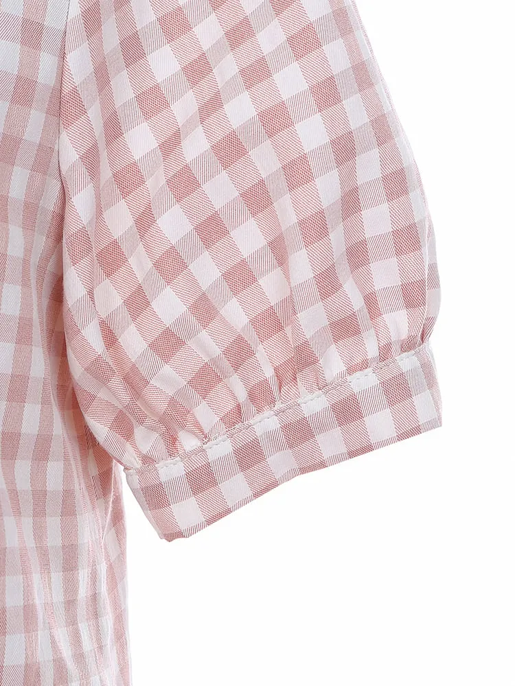 Pink Peter Pan Collar Plaid Short Puff Sleeves Shirt