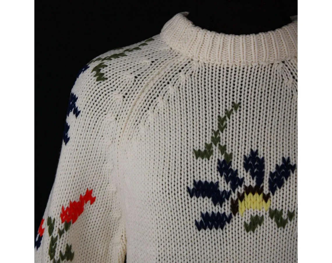 Size 10 Cute 1960s Strewn Daisies Knit Pullover - Medium 60s Sweater - Hand Embroidered - Artisan Style - Ski Sweater - Bust 37 - 36161-1