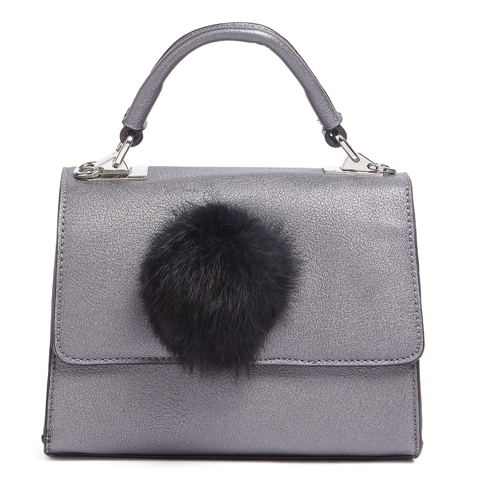 Tosca Blu Grey Small Pon Pon Faux Fur Flap Top Handle Bag