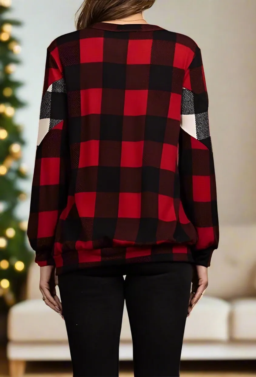 Womens Red Plaid Top | Long Sleeve Shirt | Christmas Sweater