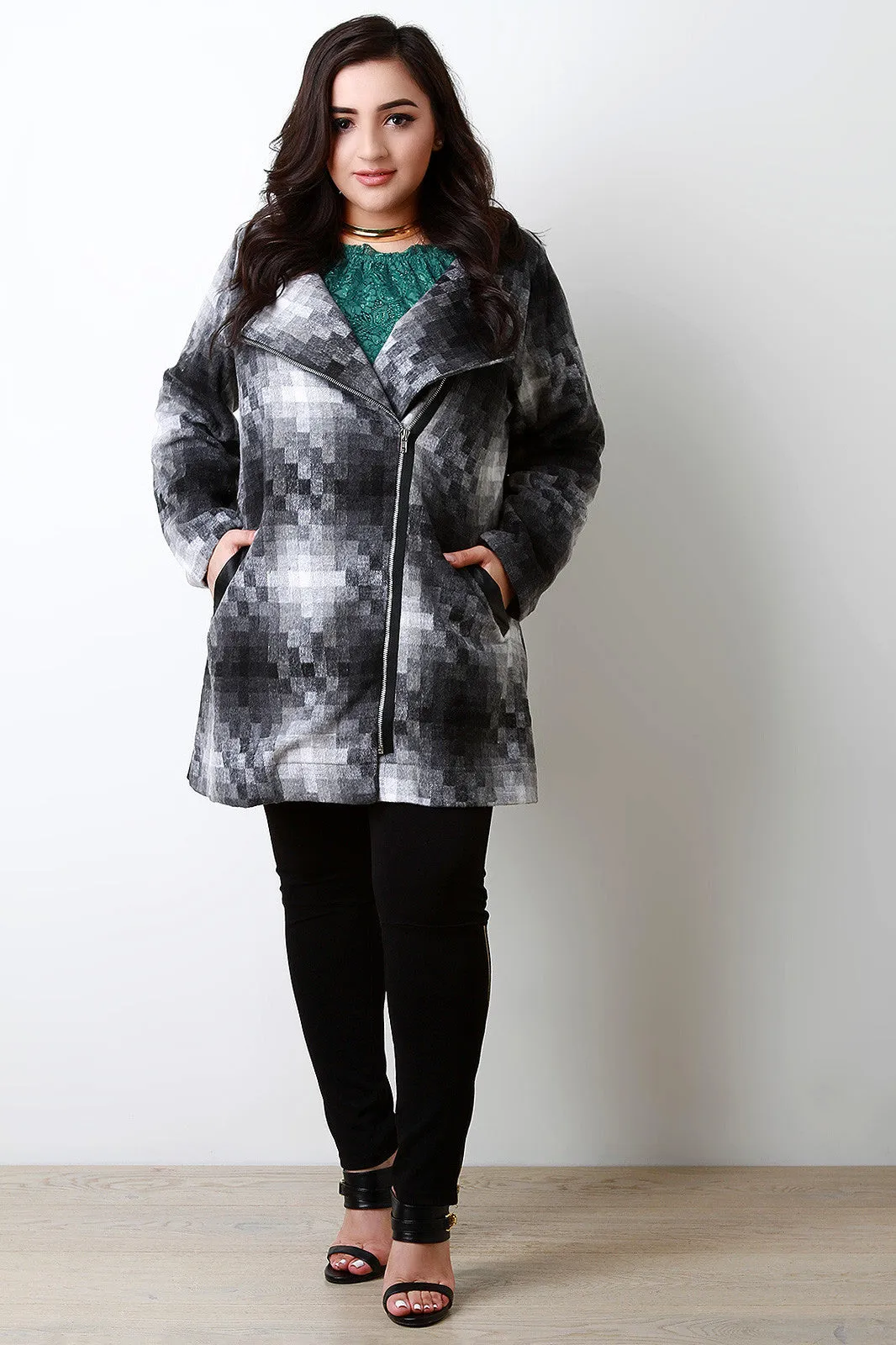 Wool Pixel Blocks Zip-Up Trench Coat
